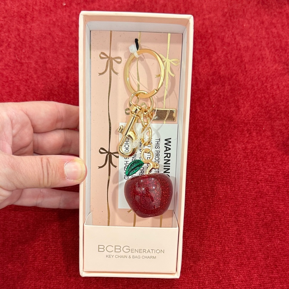 BCBGeneration Glitter Red Apple Keychain with Green Leaf & Gold Hardware